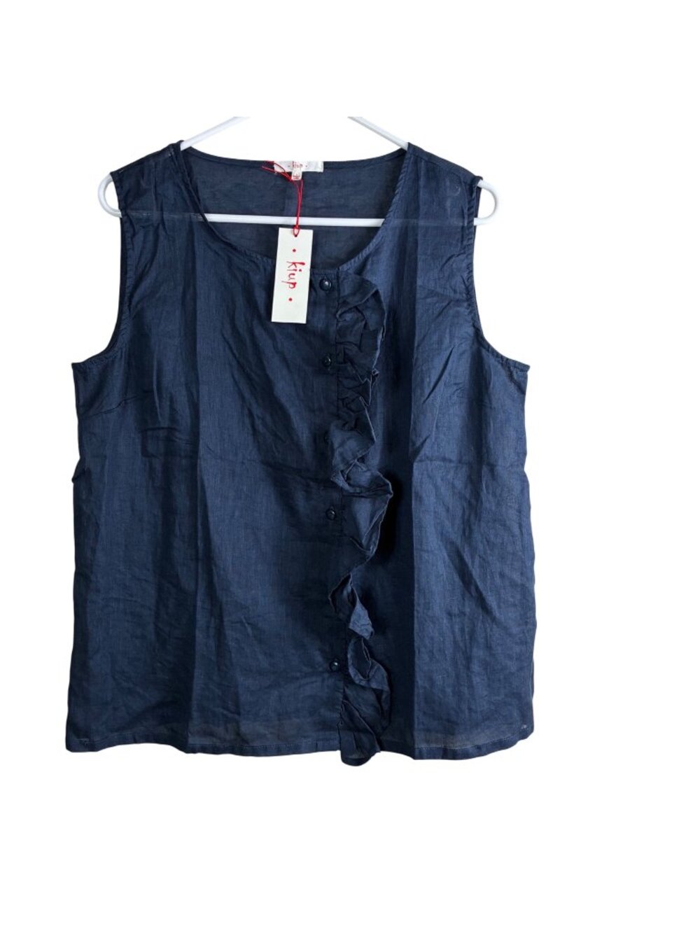 NEW Kiup Linen Navy Blue Button Down Ruffle Tank Sz L Resort Summer
